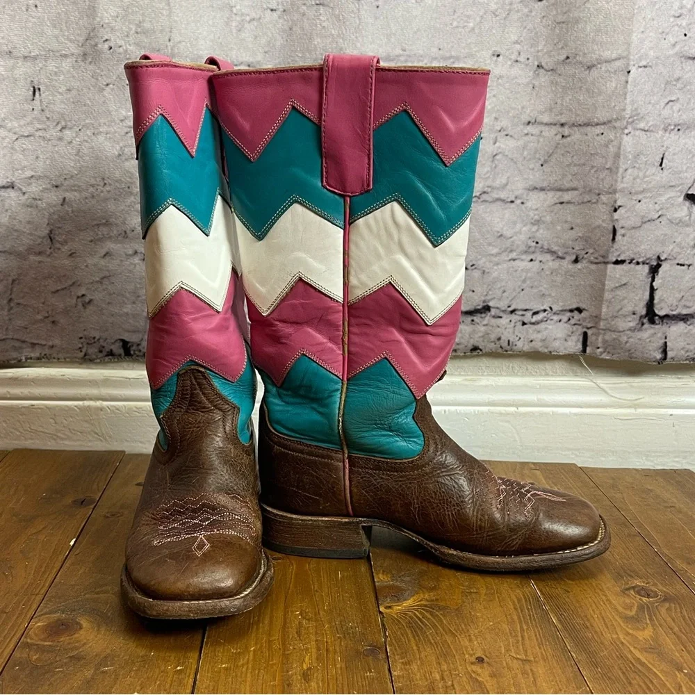 Macie Bean Girls Brown Western Boots with Pink, Teal & White Chevron Shaft